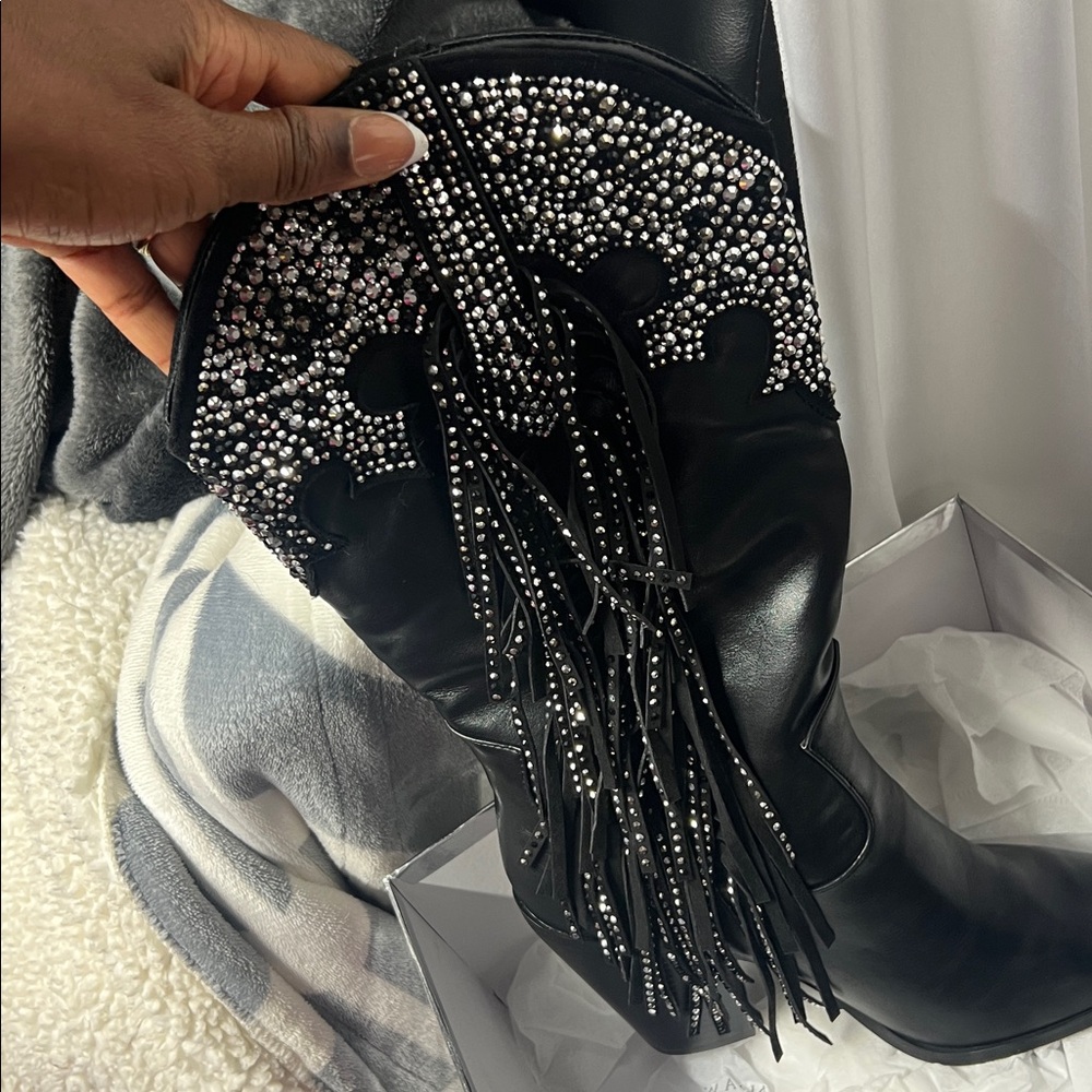 Embellished Black Fringe Heeled Boots - Picture 3 of 8